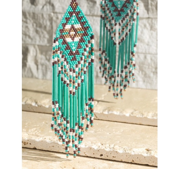 NEW Handmade 5” Western Turquoise Seed Fringe Dangle Earrings - Picture 4 of 4